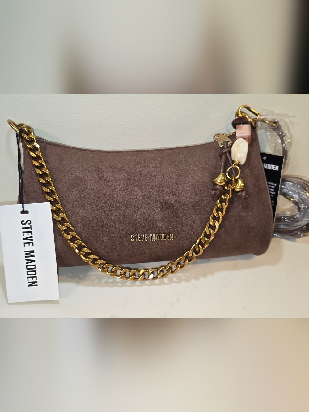 Steve Madden Taupe Suede Shoulder Bag with Gold Chain - Picture 1 of 5